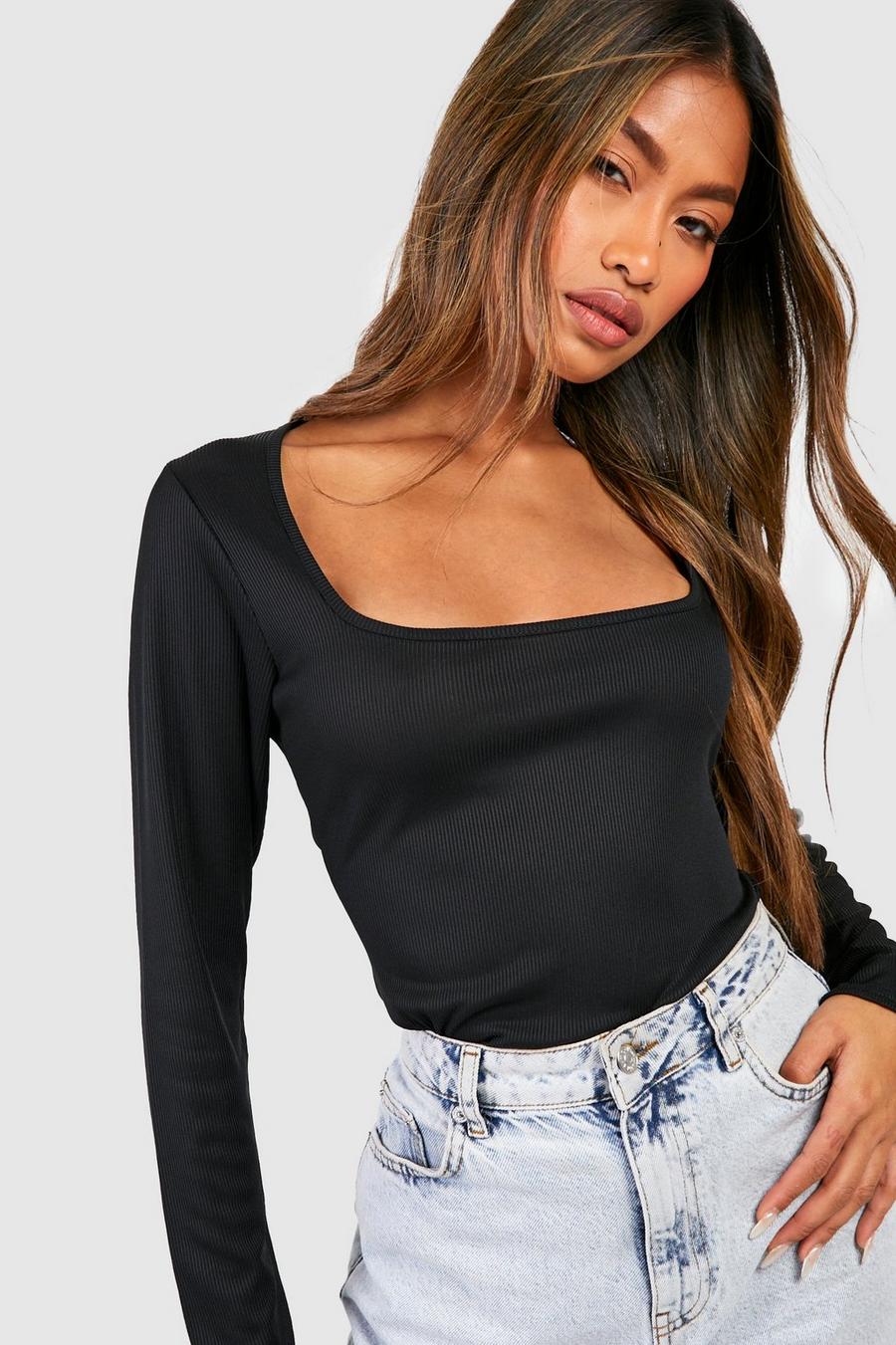 Wide Square Neck Black Rib Top, Street Style Store