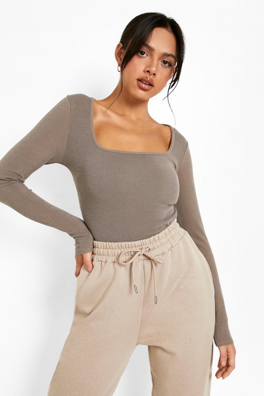 Chocolate brown Ribbed Square Neck Top