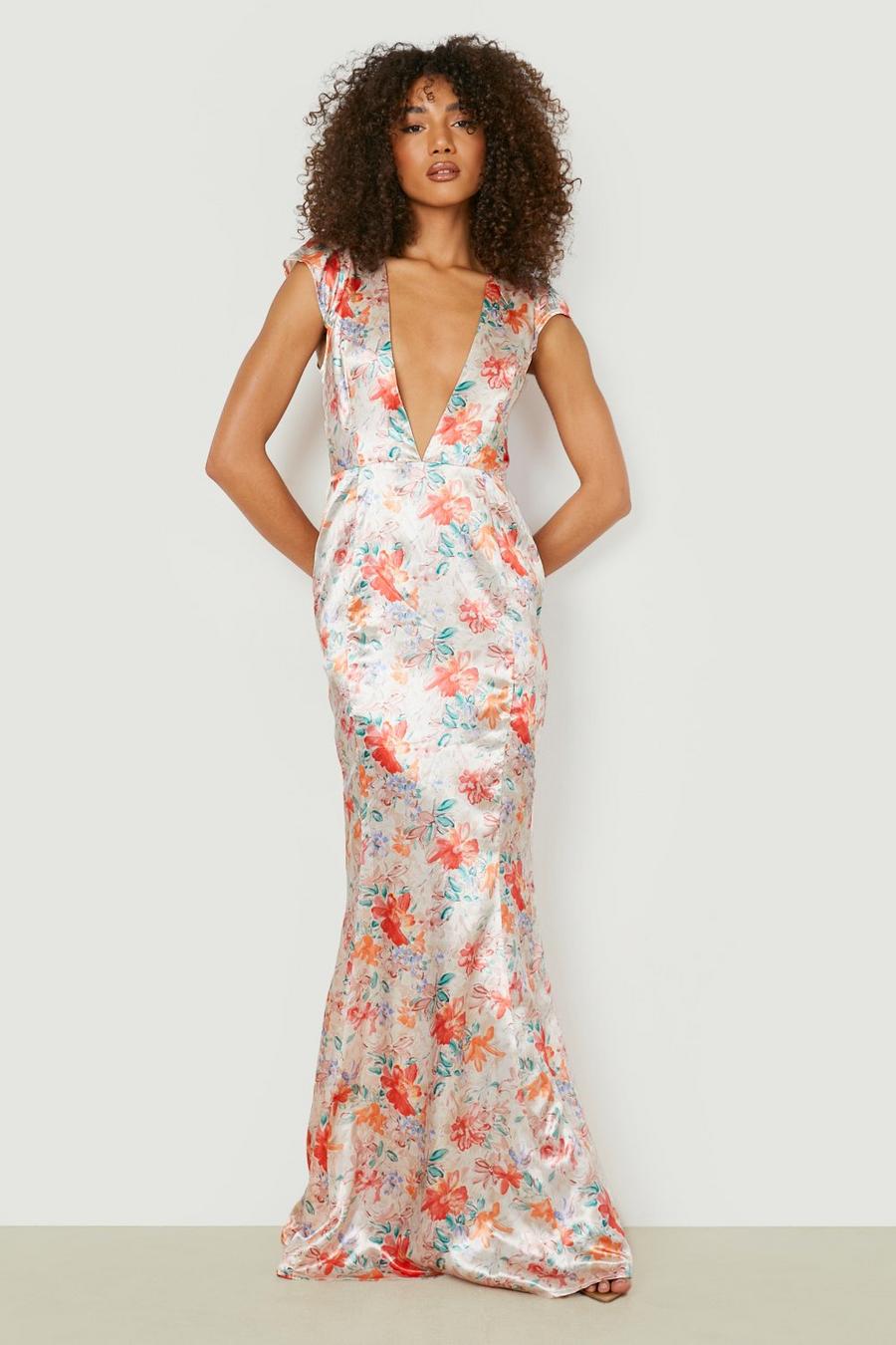 Champagne Tall Floral Satin Plunge Maxi Occasion Dress image number 1