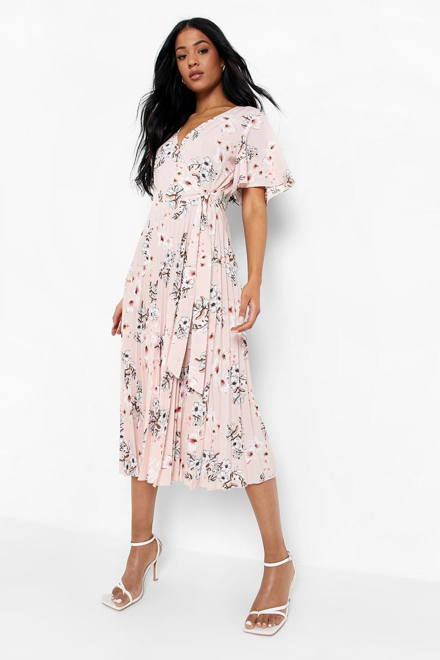 Blush Tall Pleated Wrap Floral Occasion Midi Dress image number 1