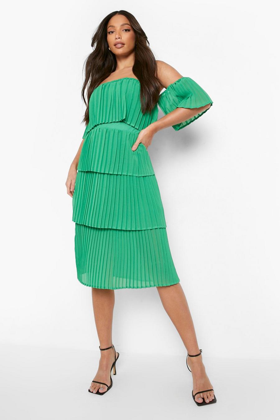 Green Tall Pleated Off Shoulder Occasion Dress