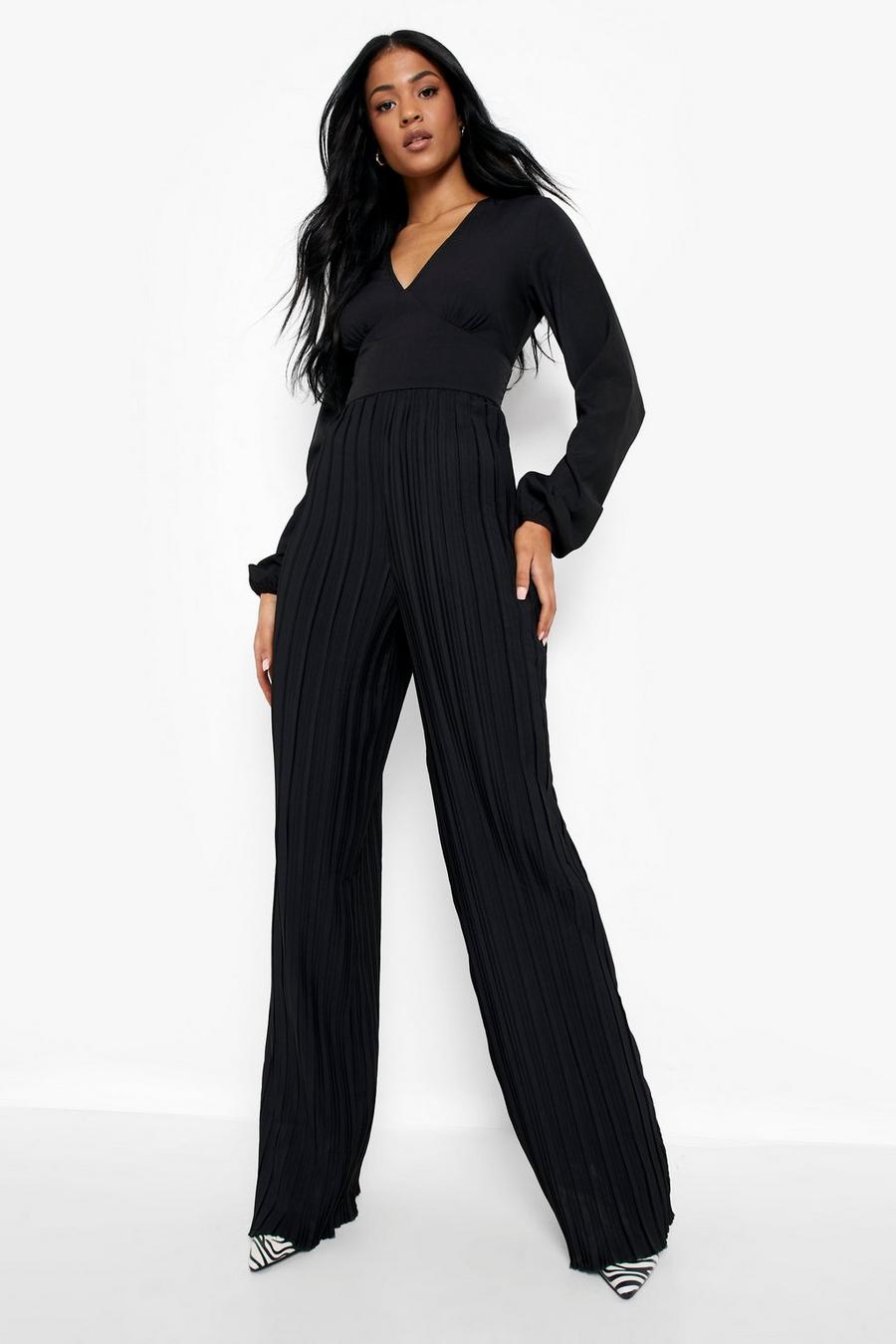 Black Tall Pleated Wide Leg Occasion Jumpsuit