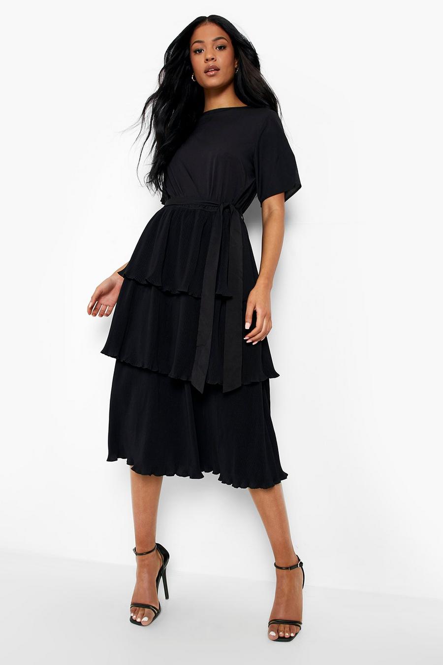 Black Tall Pleated Tired Belt Occasion Midi Dress  image number 1