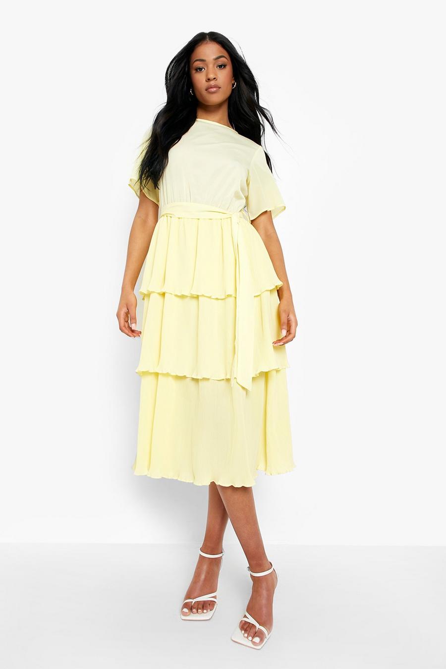 Yellow Tall Pleated Tired Belt Occasion Midi Dress image number 1