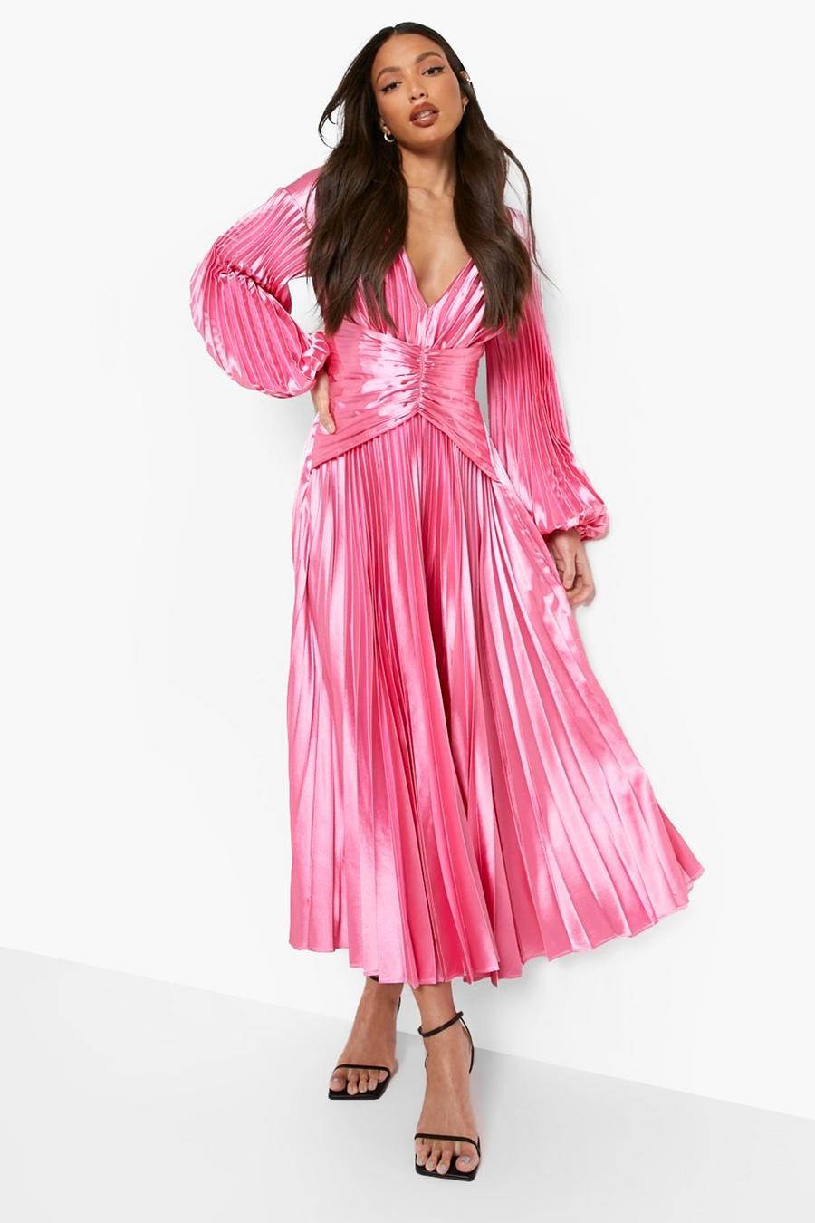 Boohoo Tall Pleated Satin Strappy Midi Dress in Hot Pink Womens Clothing Dresses Cocktail and party dresses Pink 
