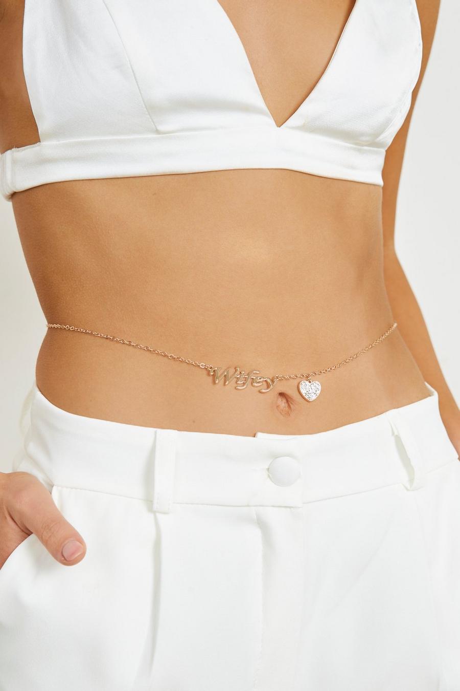 Gold Wifey And Heart Charm Belly Chain image number 1
