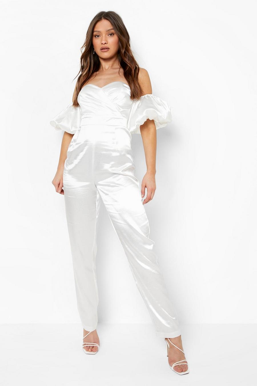 Ivory white Structured Satin Puff Sleeve Jumpsuit