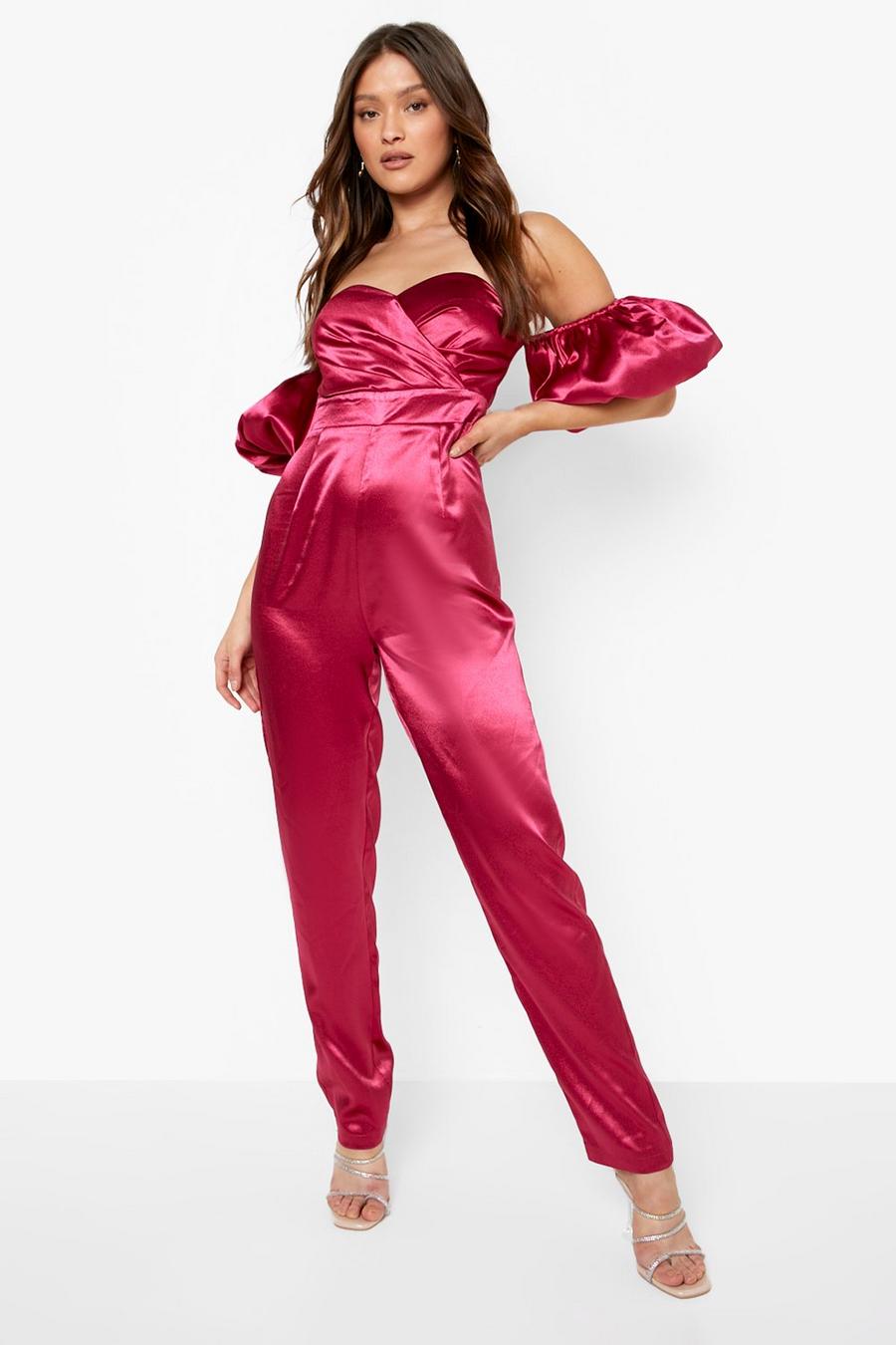 Magenta pink Structured Satin Puff Sleeve Jumpsuit