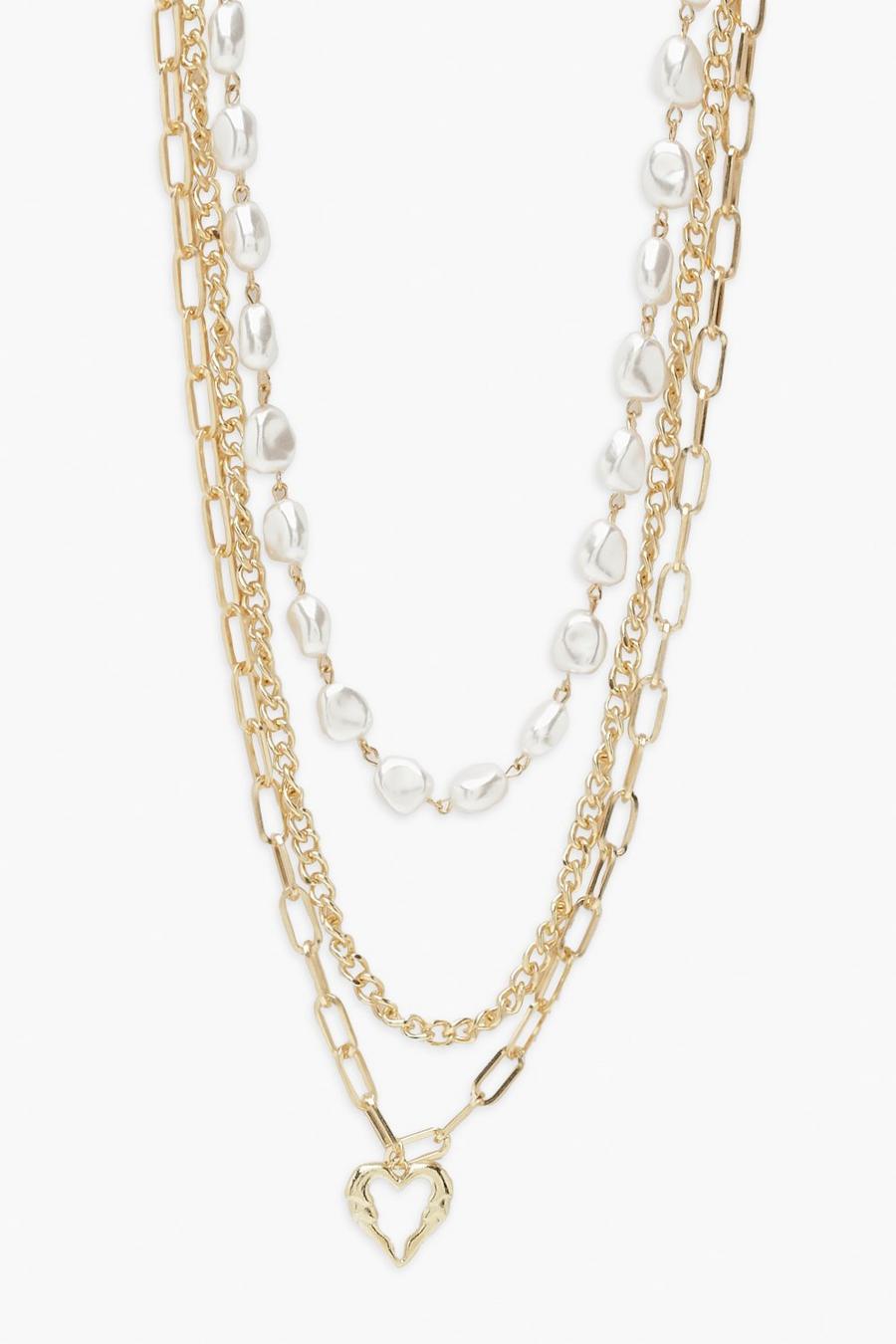 Gold Plus Pearl And Heart Chain Layered Necklace image number 1