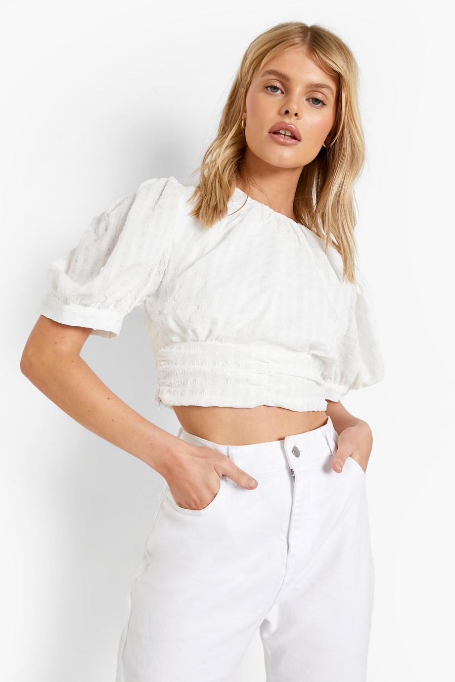 White Gingham Puff Sleeve Crop  image number 1