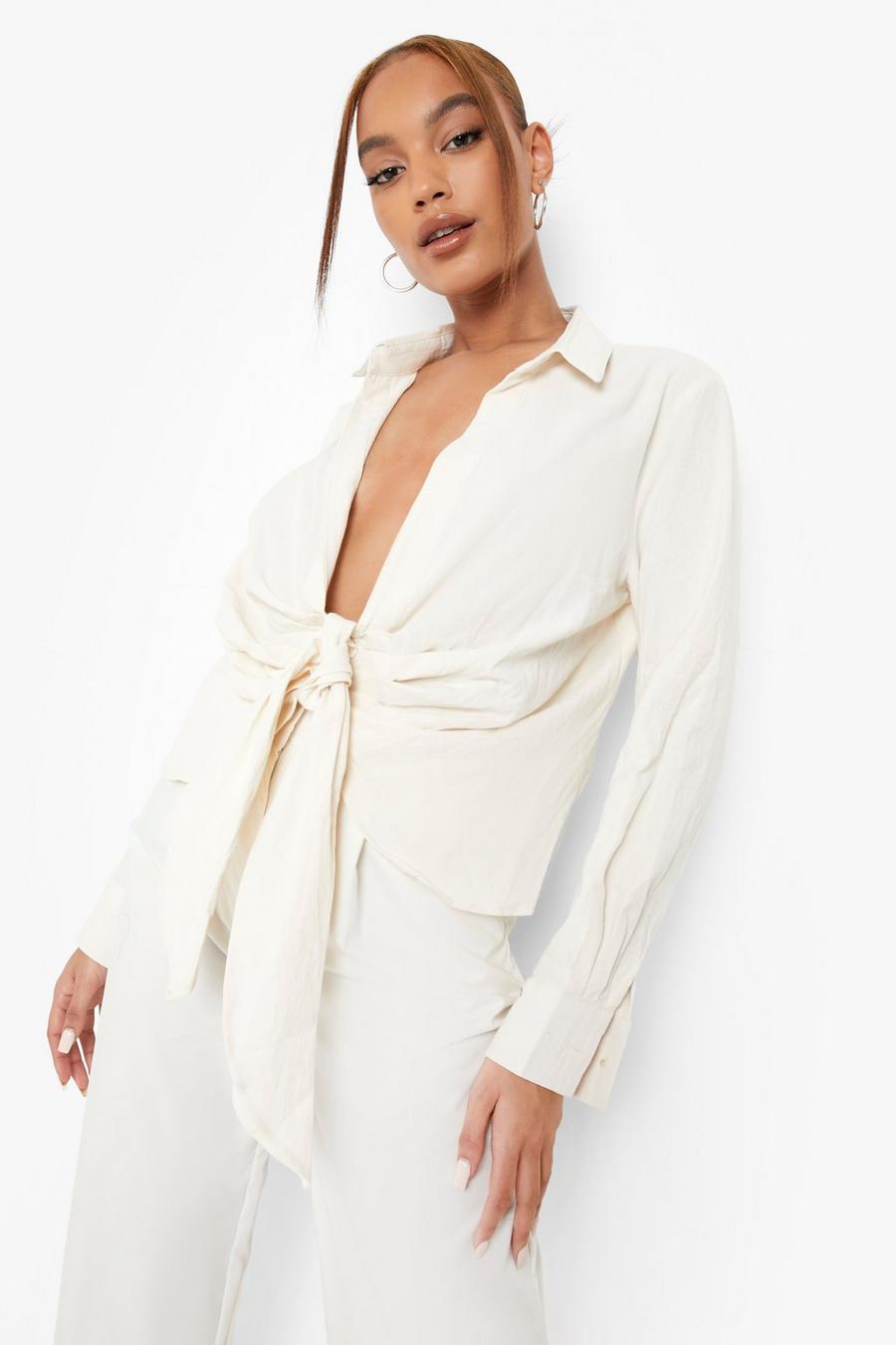 Cream white Linen Look Ruched Shirt  image number 1