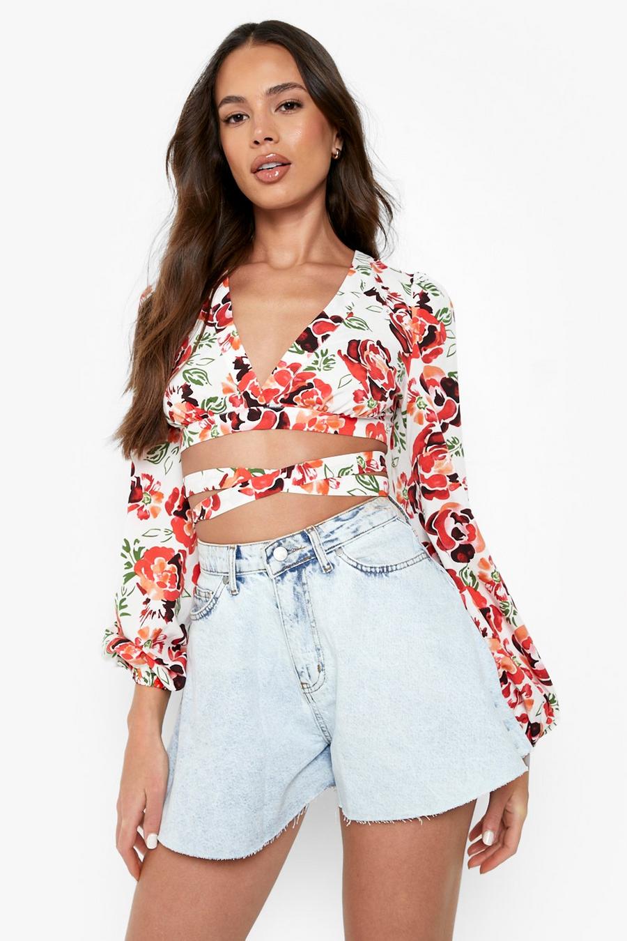 Cream Floral Lace Up Detail Crop Top image number 1