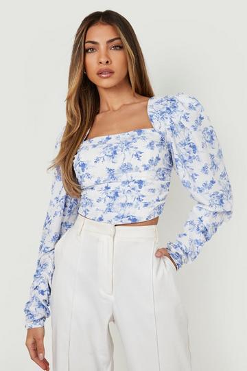 Floral Puff Sleeve Corset blue