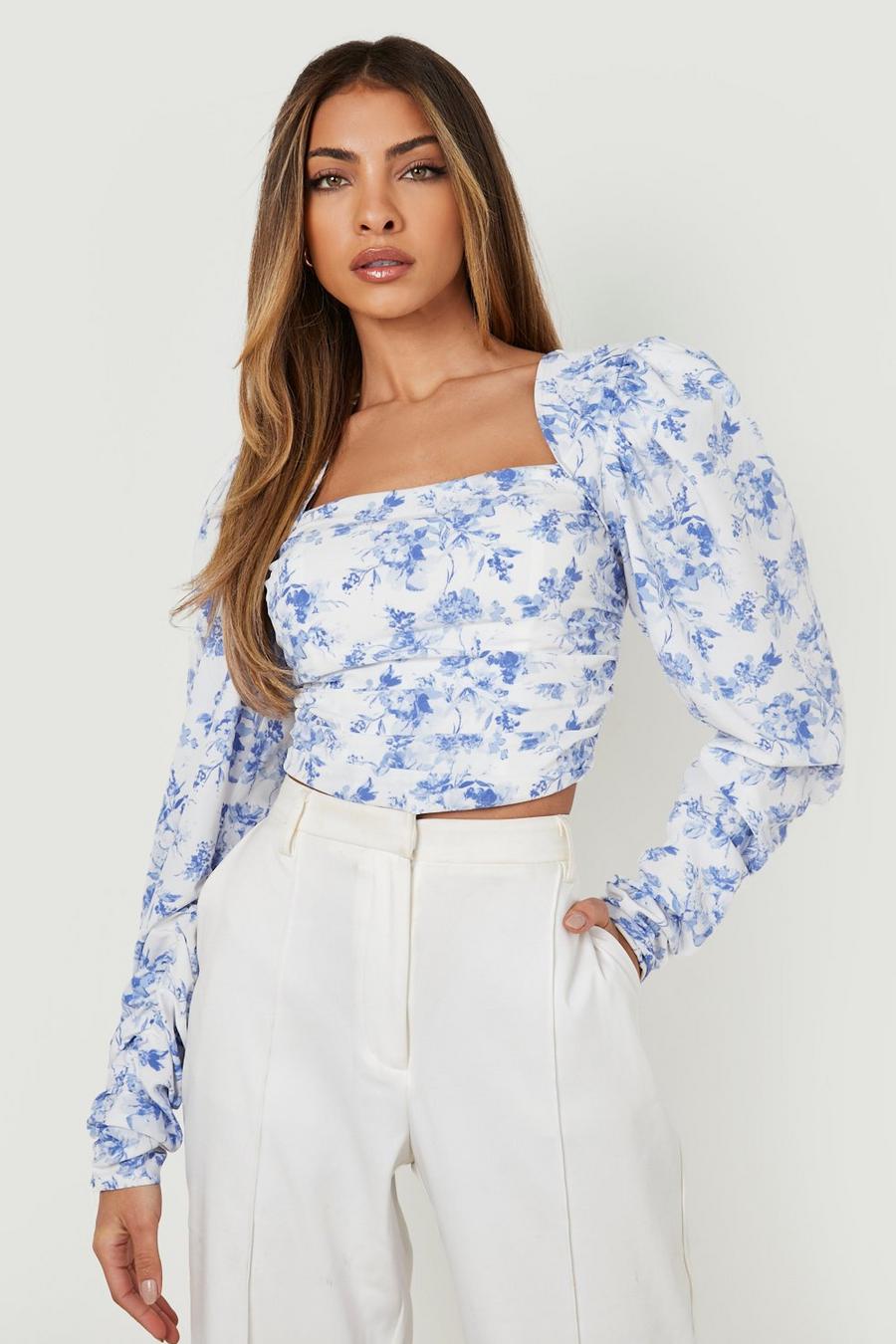 Blue Floral Puff Sleeve Corset