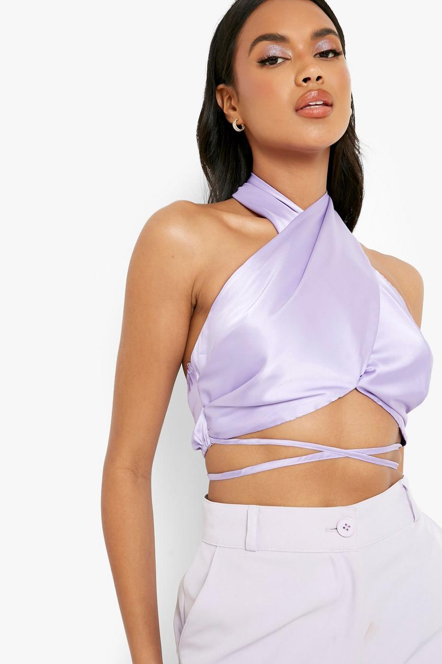 Lilac Satin Cross Over Halter Top image number 1