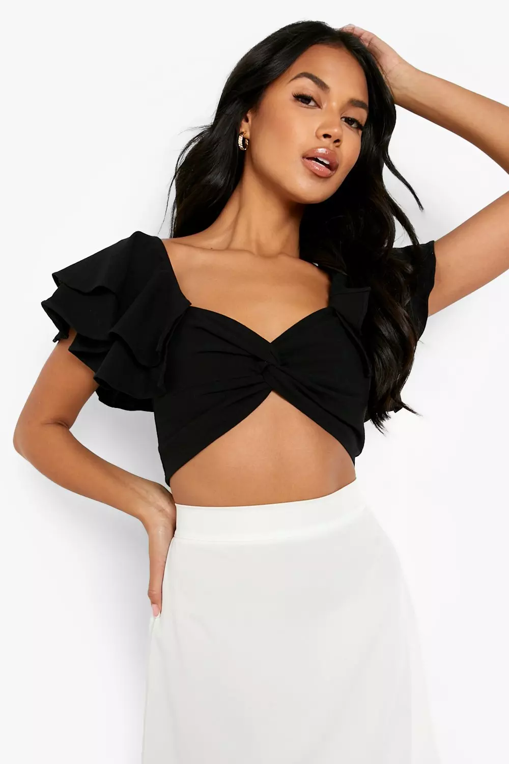 Black ruffle sleeve crop top on sale