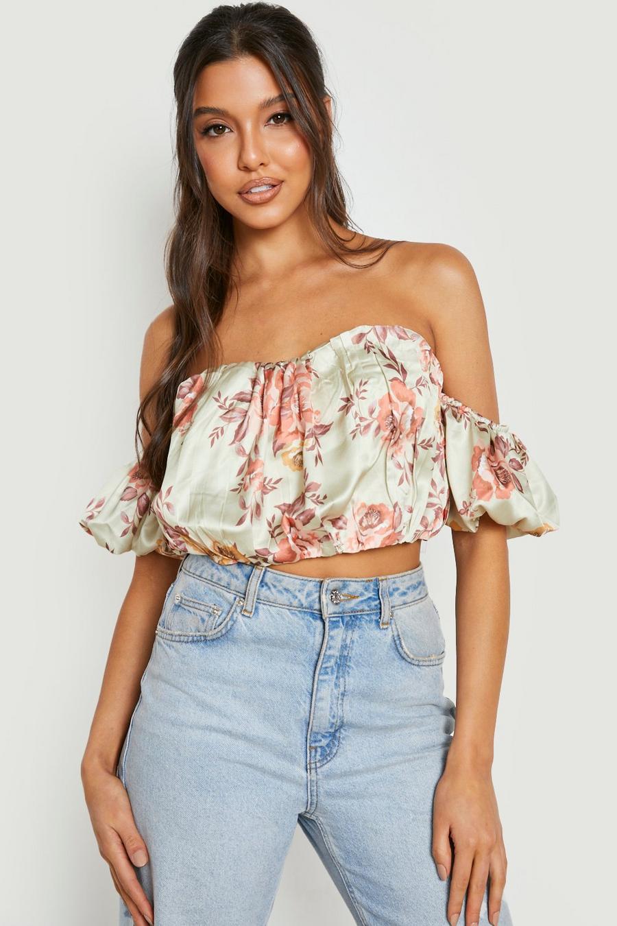 Green Floral Satin Puff Sleeve Crop Top image number 1