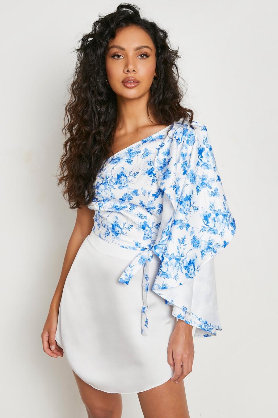 Blue Floral One Shoulder Ruffle Top 