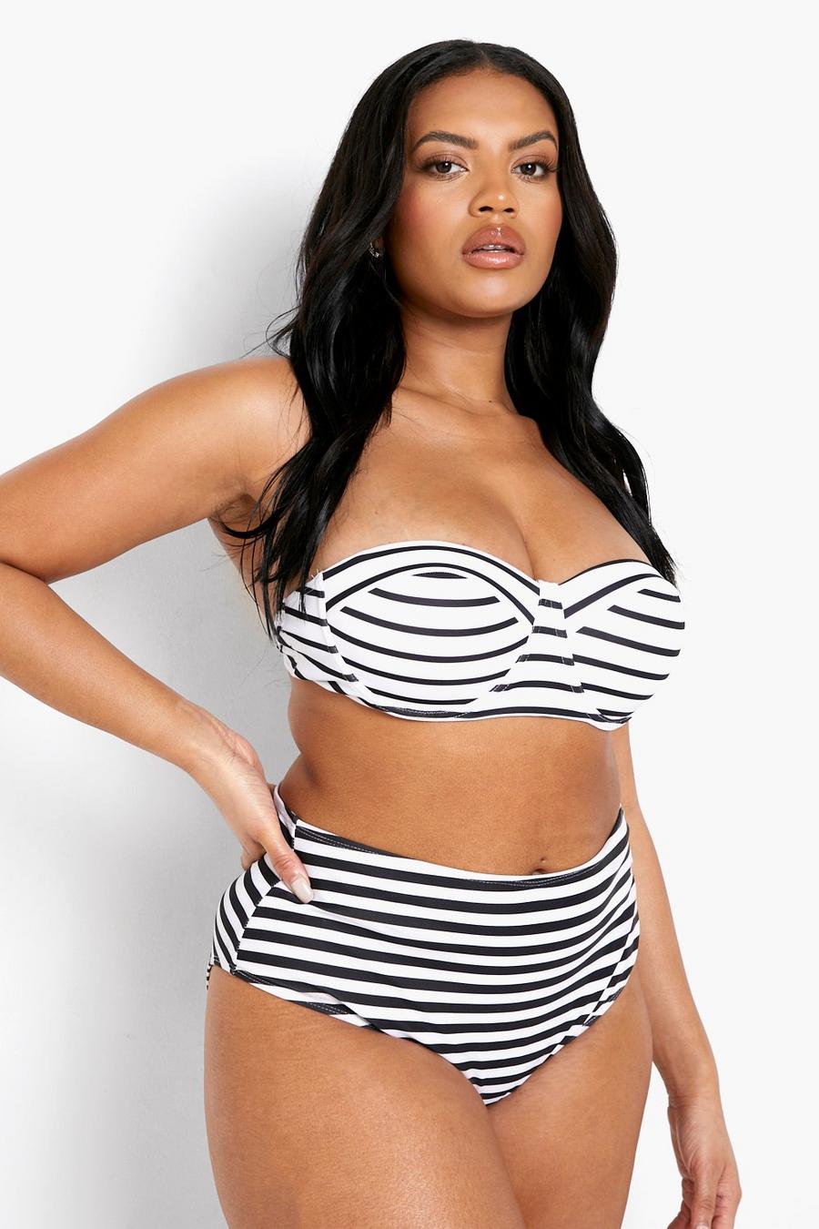 White Plus Nautical Stripe High Waist Bikini Bottom image number 1