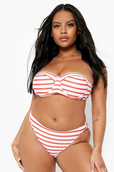 boohoo red Plus Nautical Stripe Bandeau Bikini Top