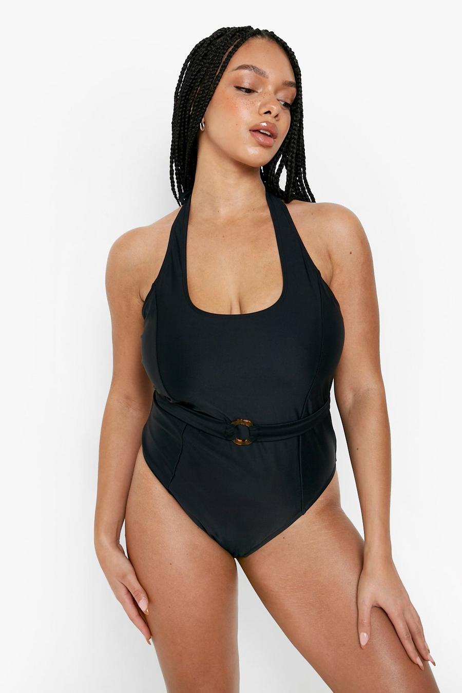 Black Plus Ring Belted Control Swimsuit