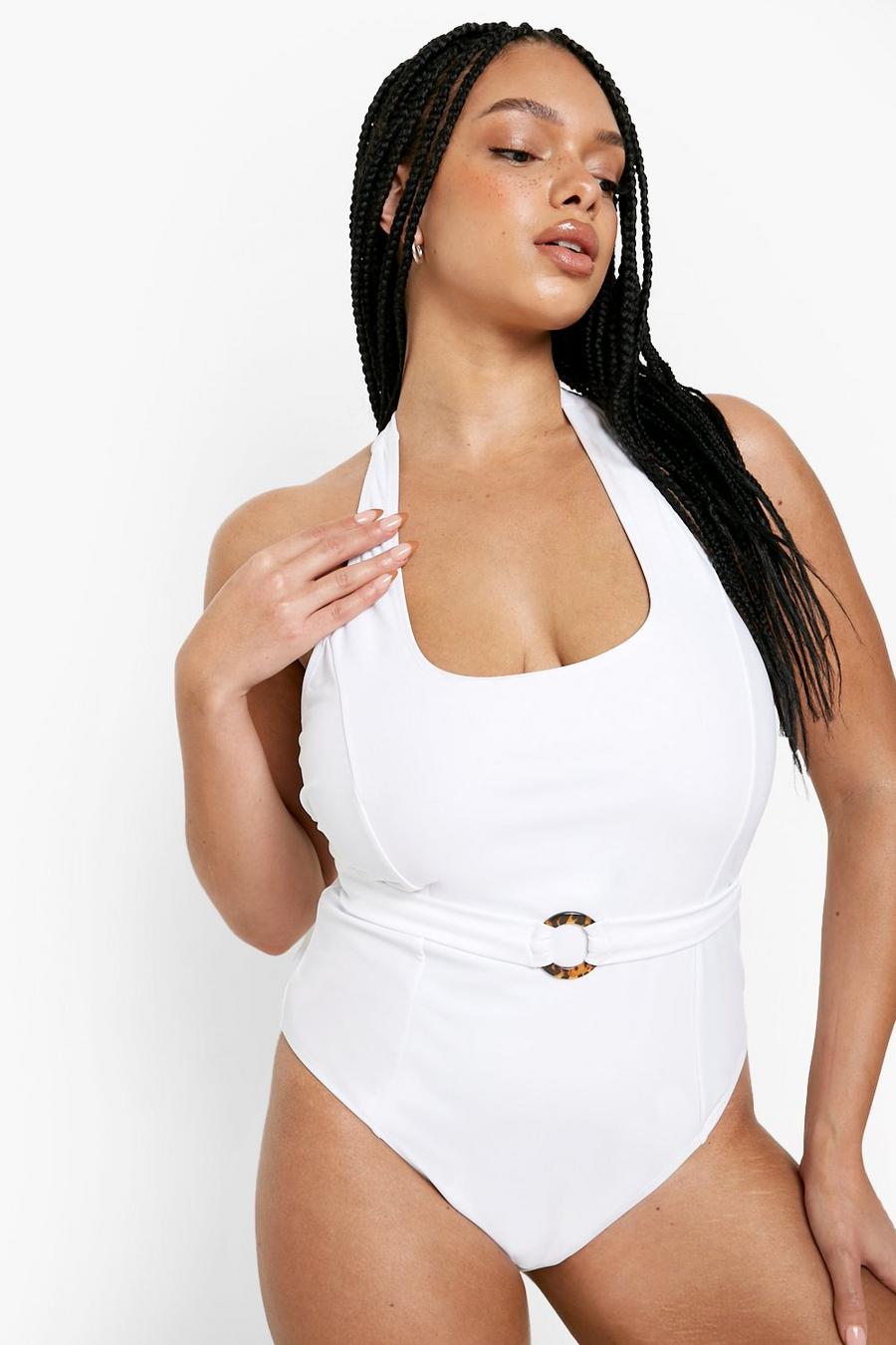 White Plus Ring Belted Control Swimsuit image number 1