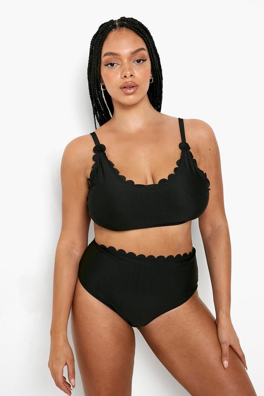 Plus Mix & Match Crop Bikinioberteil mit Muschelsaum, Black