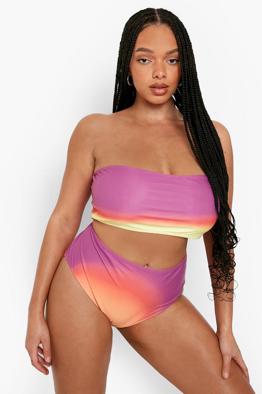 Plus Bandeau-Bikini mit hohem Bund und Farbverlauf, Multi