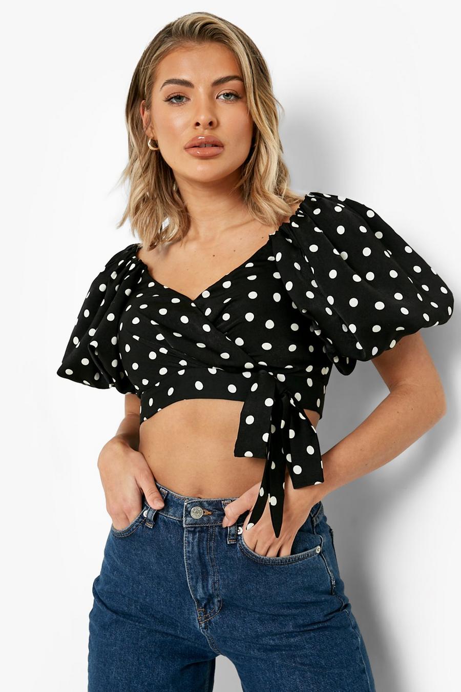 Black Spot Print Puff Sleeve Wrap Tie Occassion Top