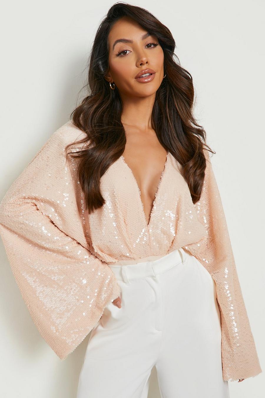 Light pink Sequin Batwing Plunge Occassion Bodysuit image number 1