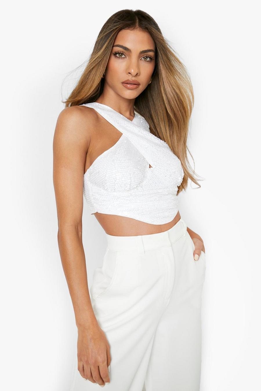 White vit Sequin Cross Strap Occassion Crop Top  image number 1