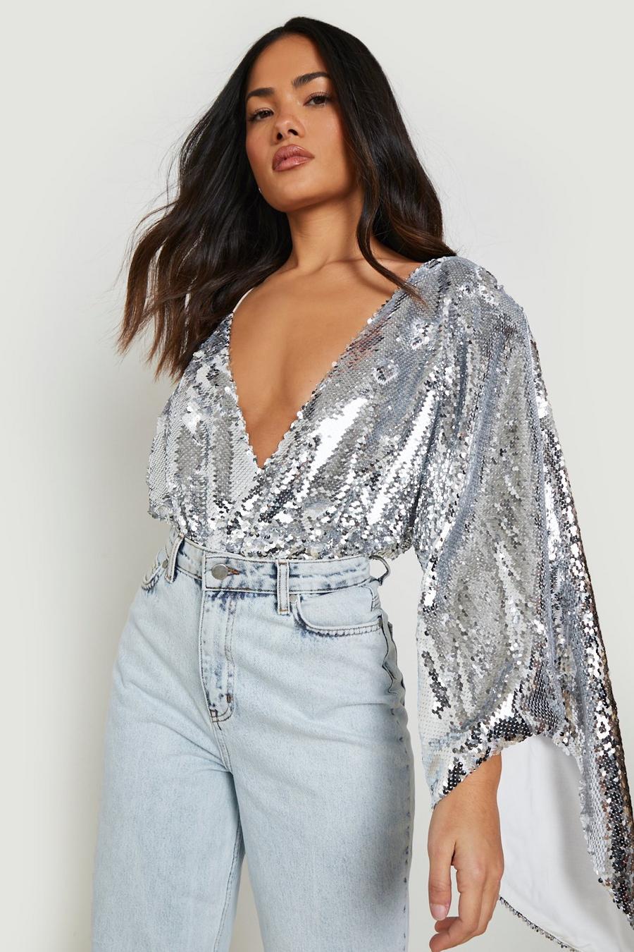 Silver Sequin Flare Sleeve Occassion Bodysuit image number 1
