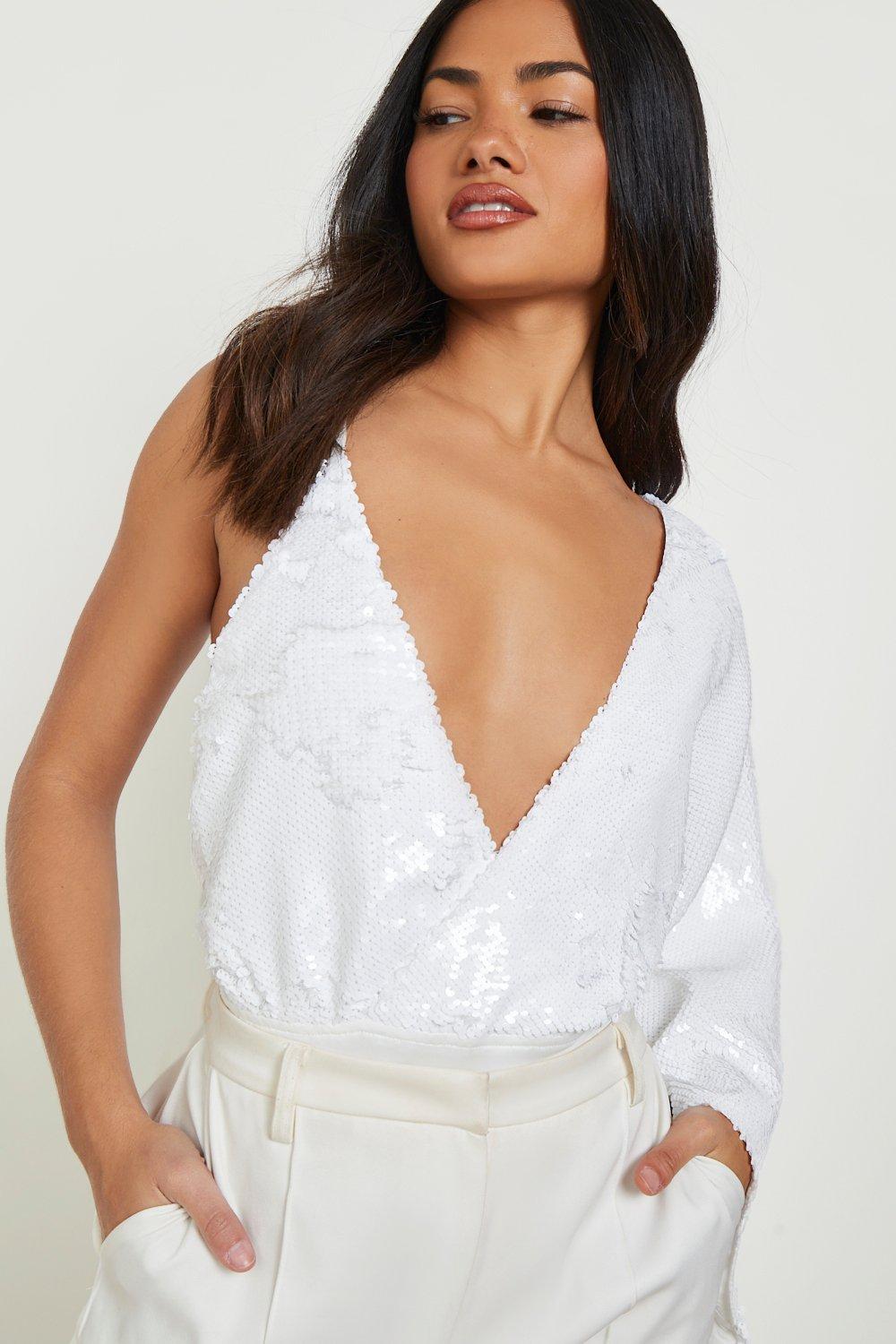 Buy Boohoo Basic Ribbed Flare Sleeves Bodysuit Top In White