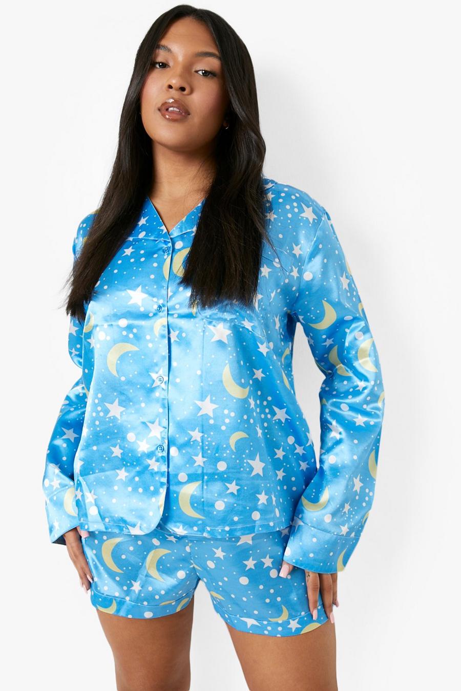 Blue Plus Star Print Shirt & Shorts Long Sleeve Pajama Set image number 1