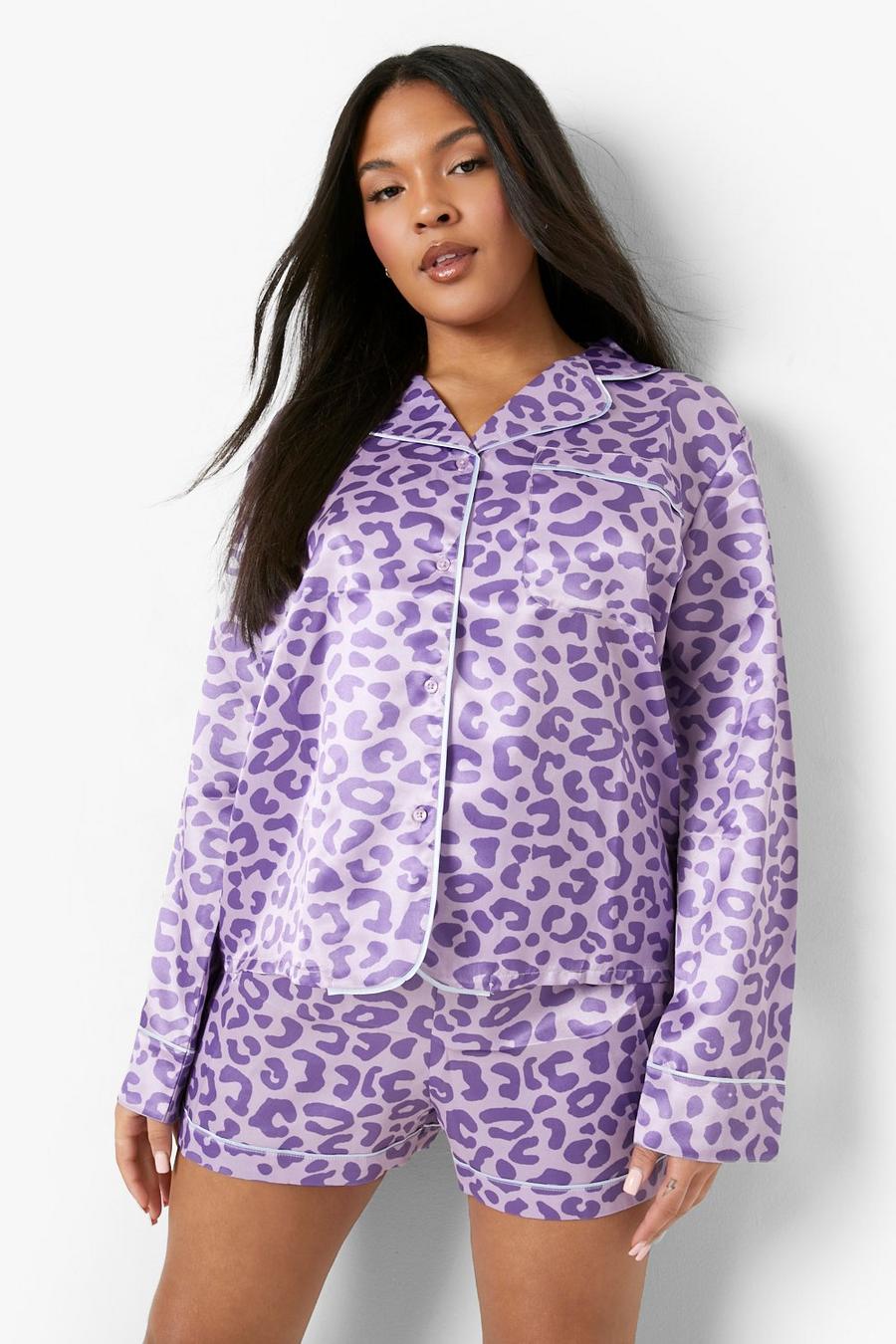 Set pigiama corto Plus Size con stampa leopardata, Lilac image number 1