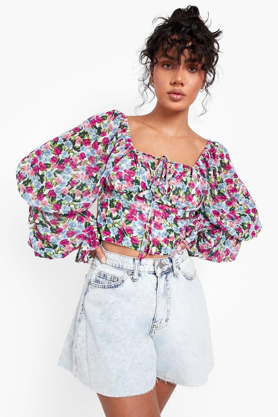 Blue Floral Puff Sleeve Square Neck Crop Top image number 1