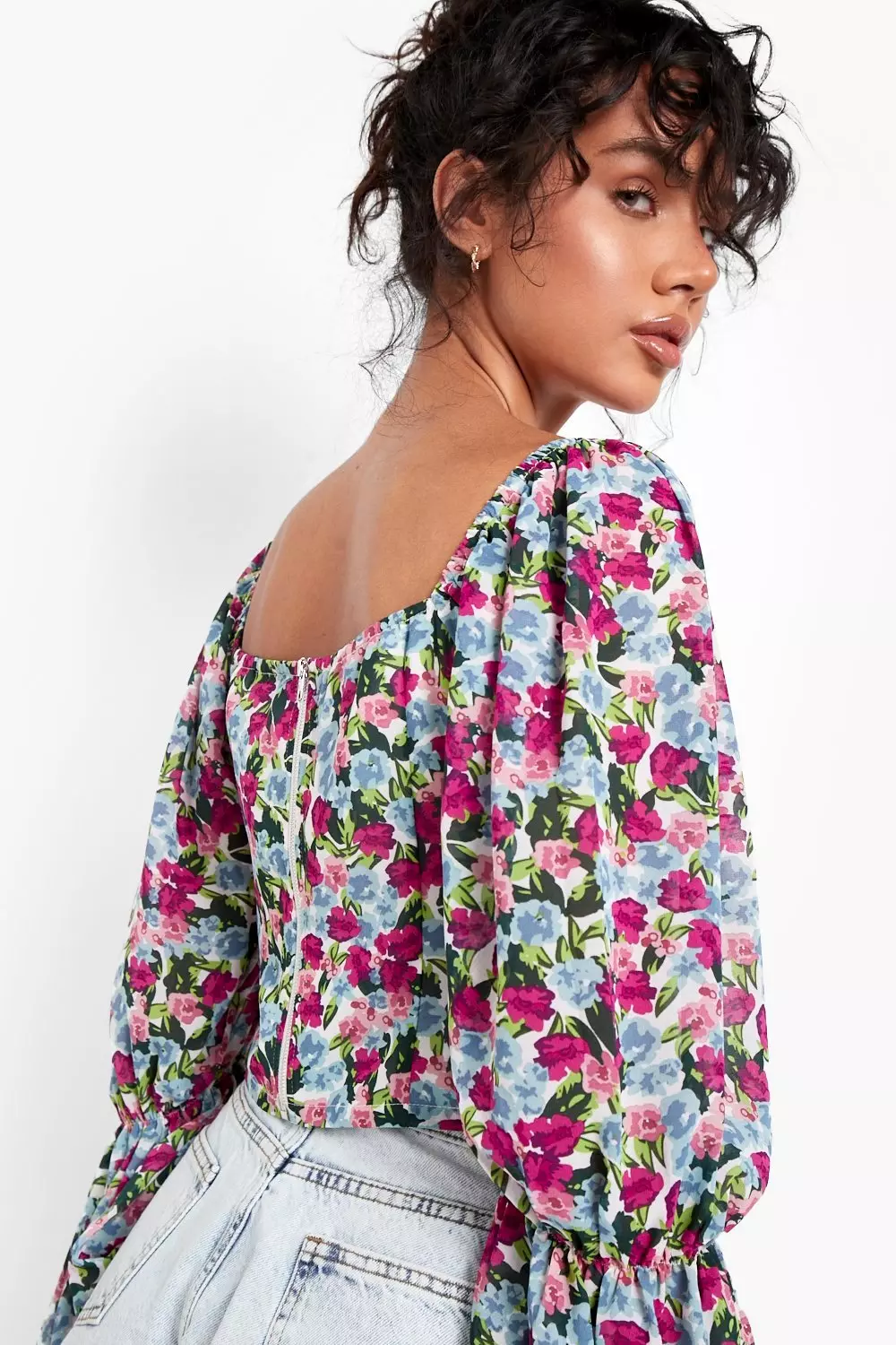 Floral Puff Sleeve Square Neck Crop Top