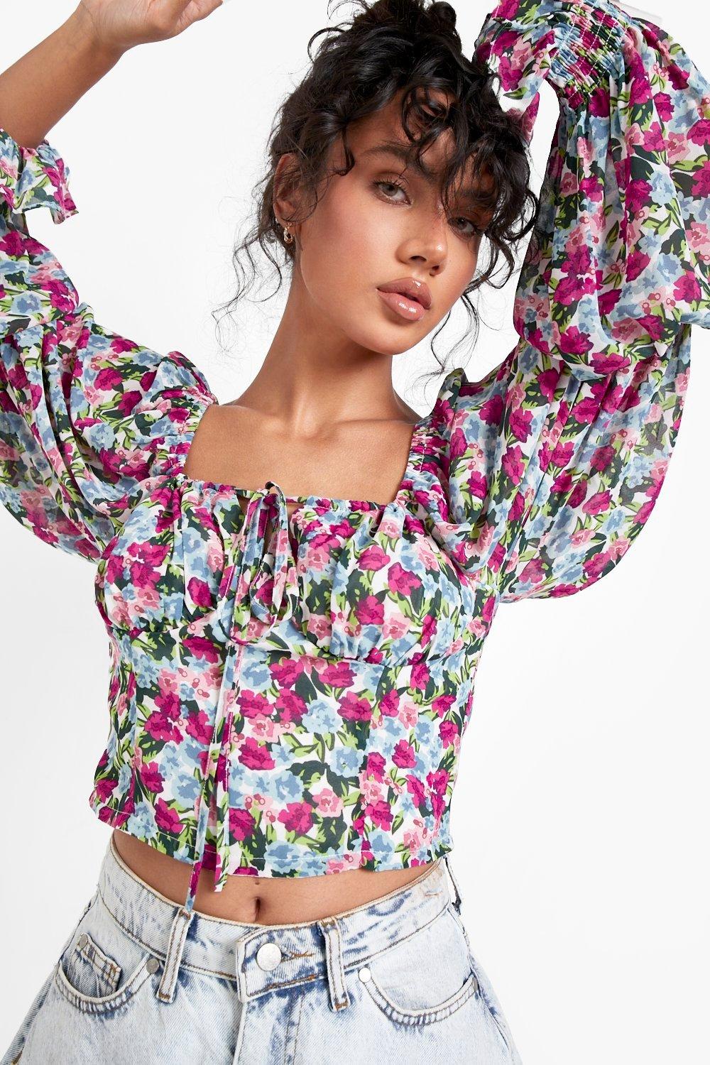 Women's Floral Puff Sleeve Square Neck Crop Top