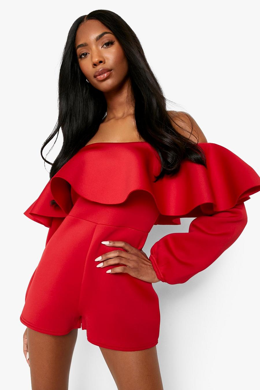 Red Bonded Scuba Ruffle Playsuit image number 1