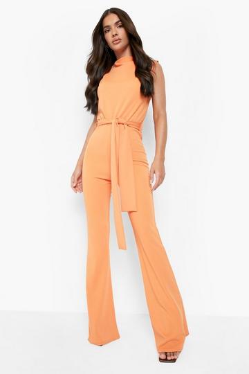 Orange Sleeveless Tie Waist Flared Jumpsuit