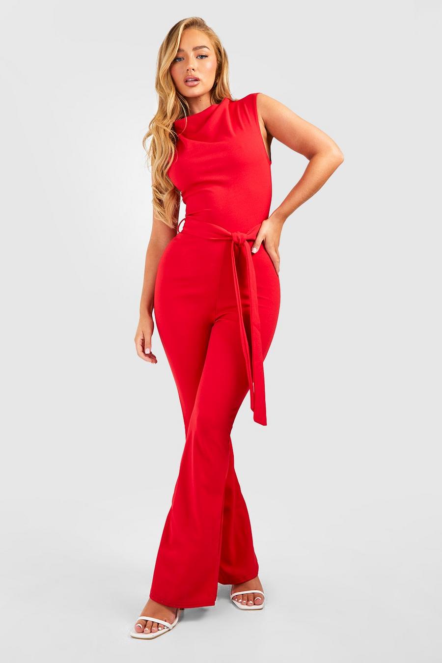Red Sleeveless Tie Waist Flared Jumpsuit image number 1