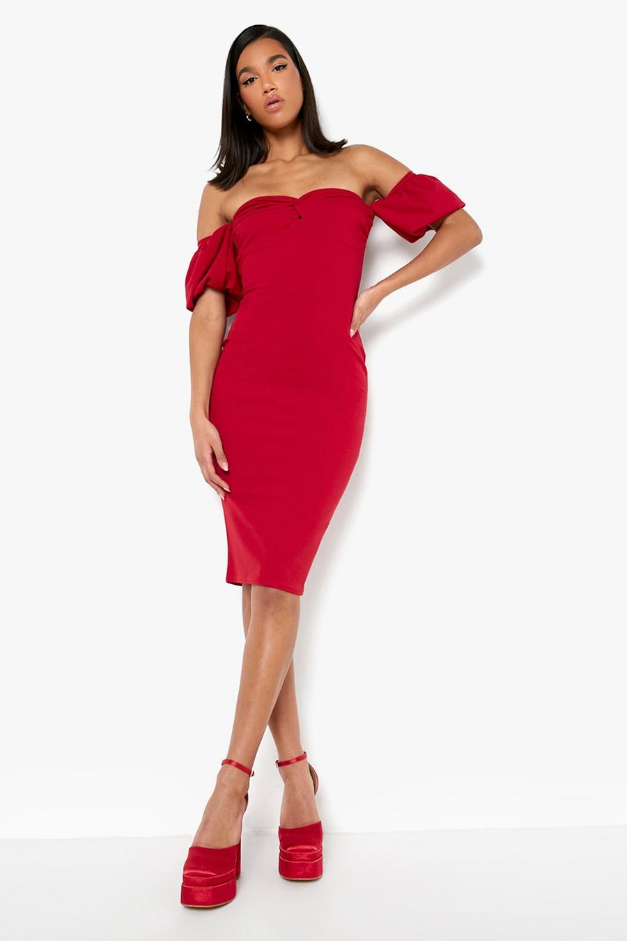 Red Twist Detail Bardot Puff Sleeve Midi Dress image number 1