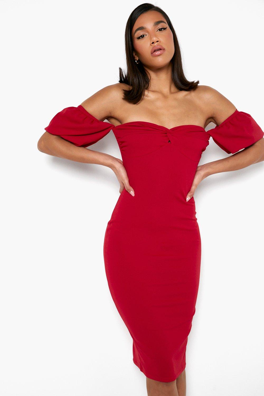 Shape red slinky 2024 ruched detail bardot dress