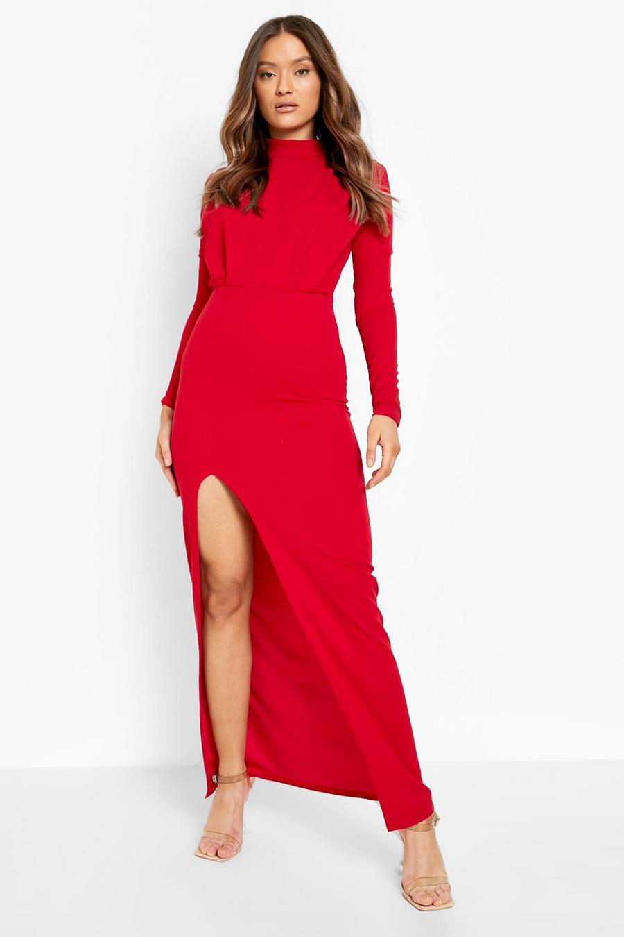 Red High Neck Pleat Detail Maxi Dress