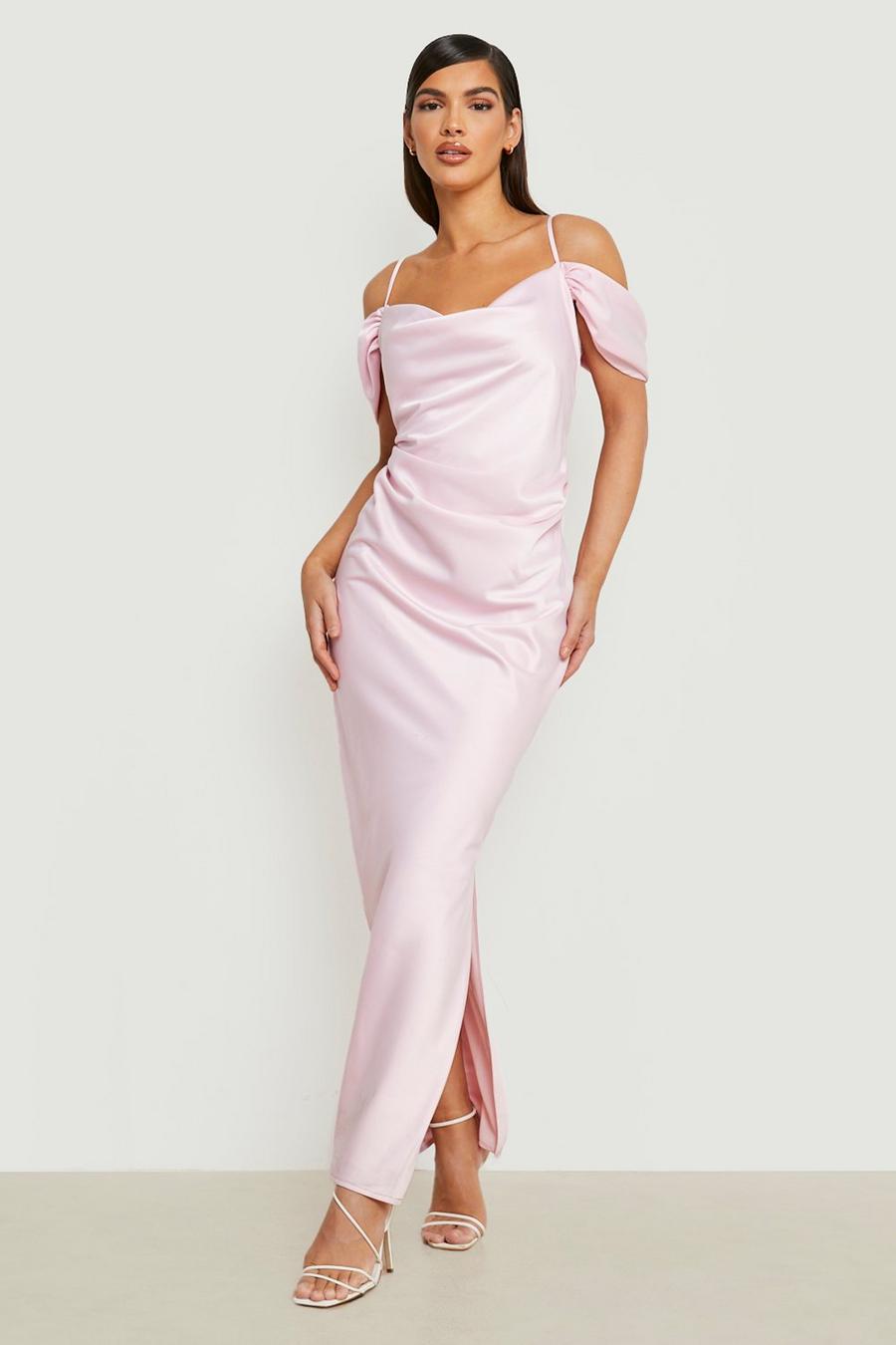 Dusty pink Mixa & Matcha Lång cold shoulder-klänning i satin image number 1