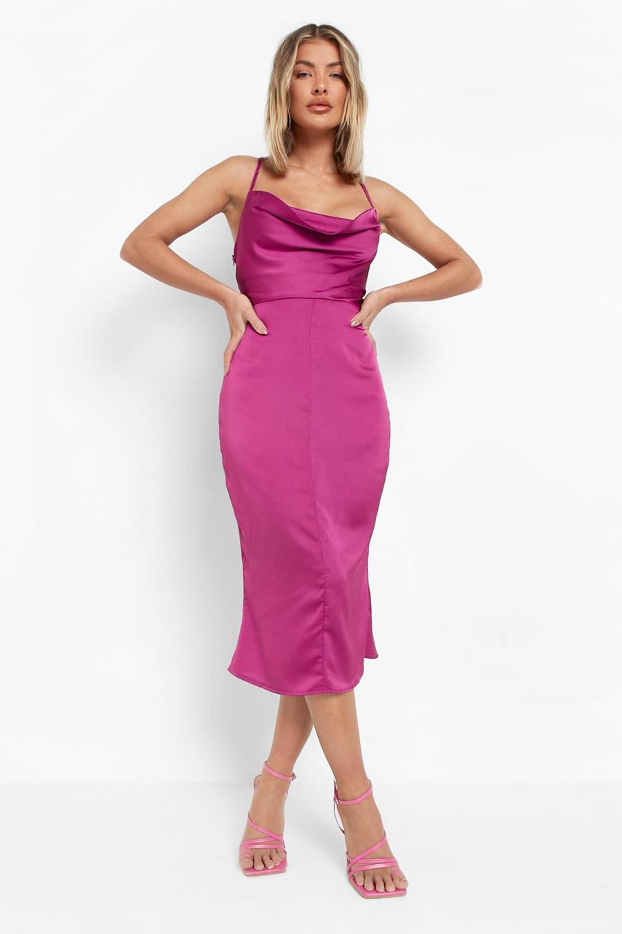 Magenta Satin Cowl Neck Lace Up Fish Tail Midi Dress image number 1