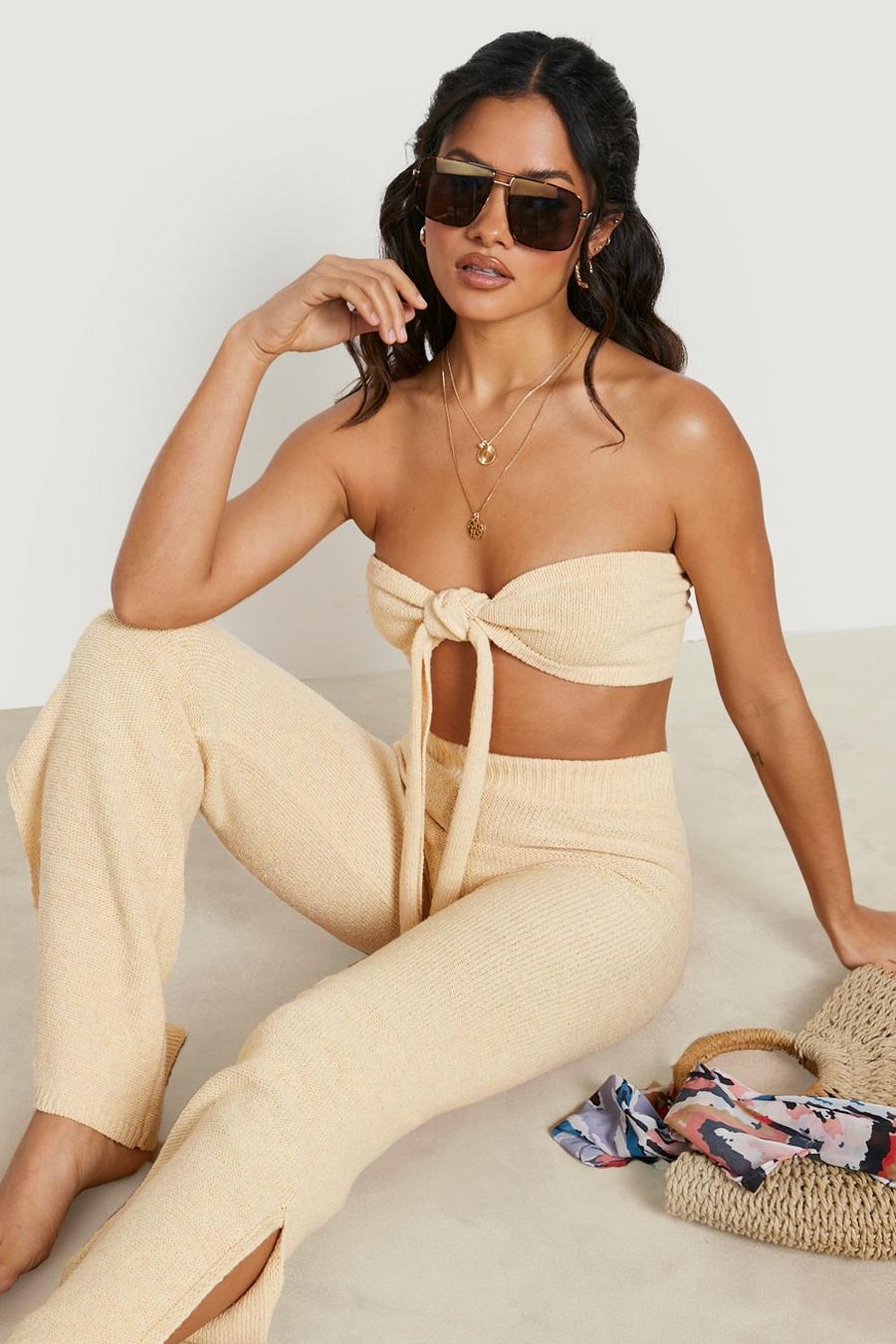 Cream Crochet Tie Bandeau & Trouser Beach Co-ord image number 1