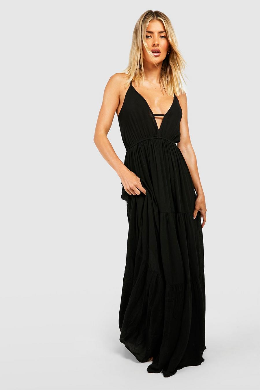 Black שמלת מקסי לחוף מבד בר קיימא מקומט עם מחשוף image number 1