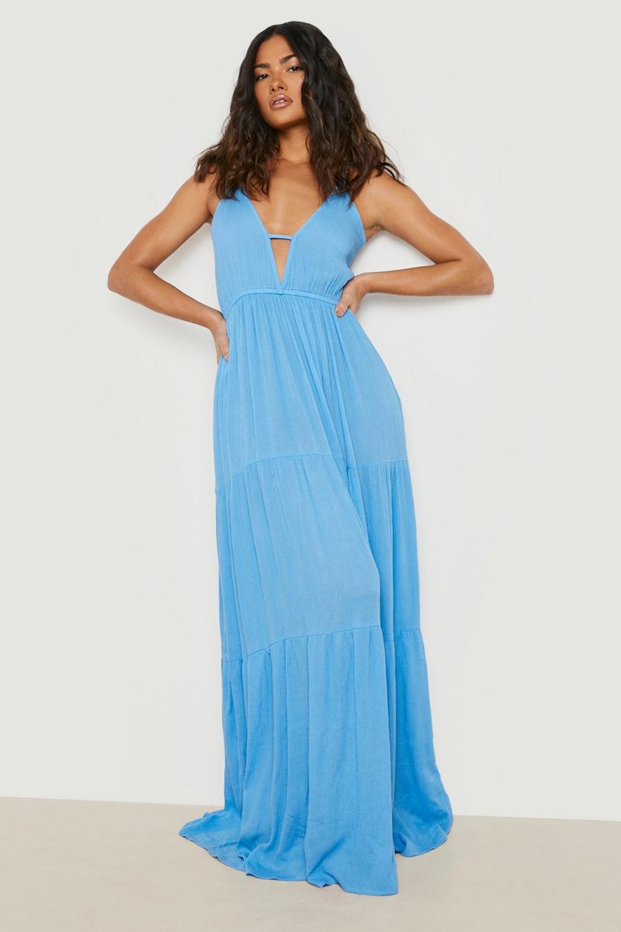 Blue Sustainable Crinkle Plunge Maxi Beach Dress