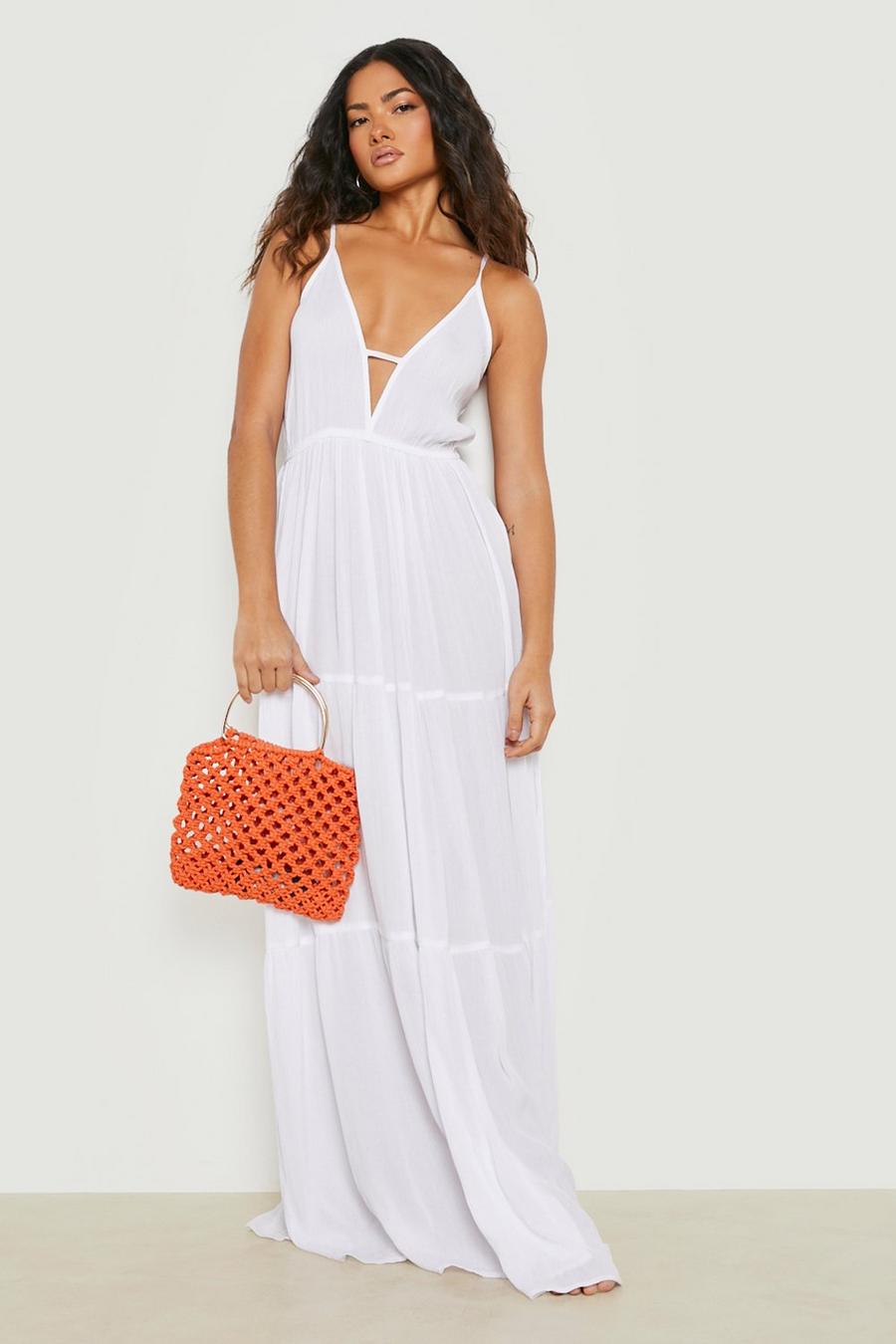 White Crinkle Plunge Maxi Beach Dress image number 1